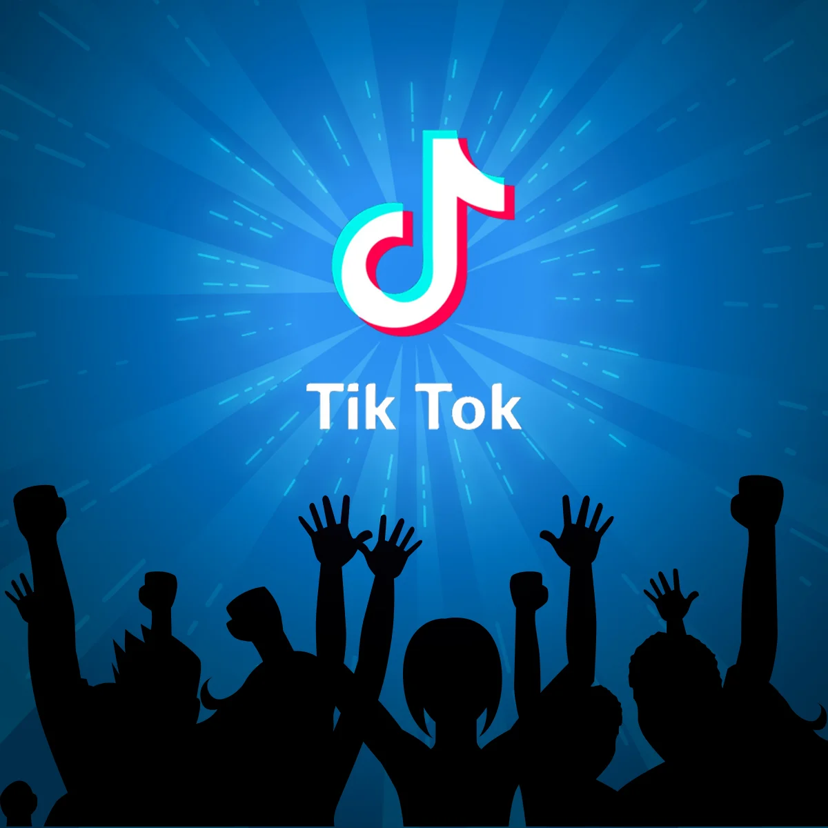 Silhouettes of a cheering crowd with the TikTok logo and vibrant blue background, symbolizing its popularity for brands.