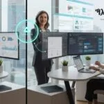 AEO Team in a modern glass-walled office with two desks and holographic dashboards between them, DigiTales logo visible in the corner, displaying charts and metrics with a presenter in the middle.