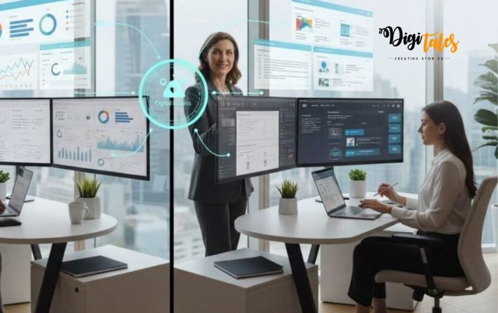 Team in a modern glass-walled office with two desks and holographic dashboards between them, DigiTales logo visible in the corner, displaying charts and metrics with a presenter in the middle.