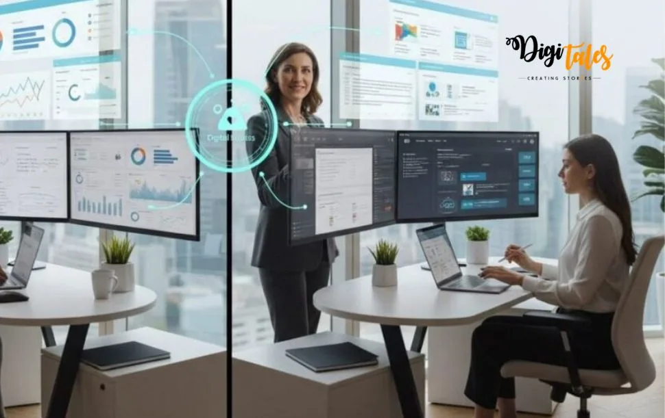 Team in a modern glass-walled office with two desks and holographic dashboards between them, DigiTales logo visible in the corner, displaying charts and metrics with a presenter in the middle.