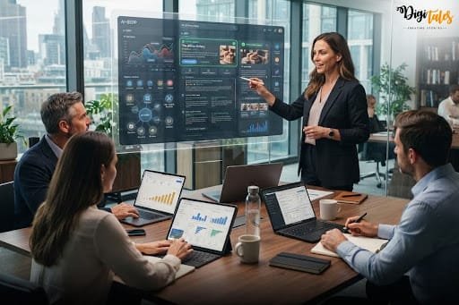 A lady showing how to Rank in Google AI Overviews with group of people
