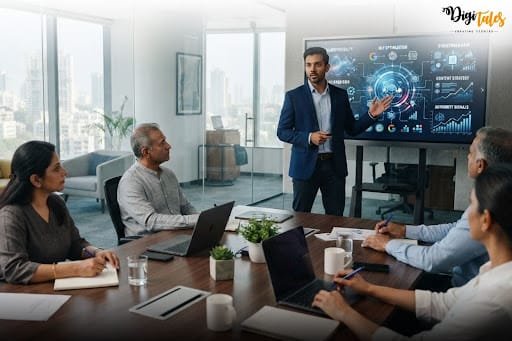 A man explaining how to Rank in Google AI Overviews with group of people